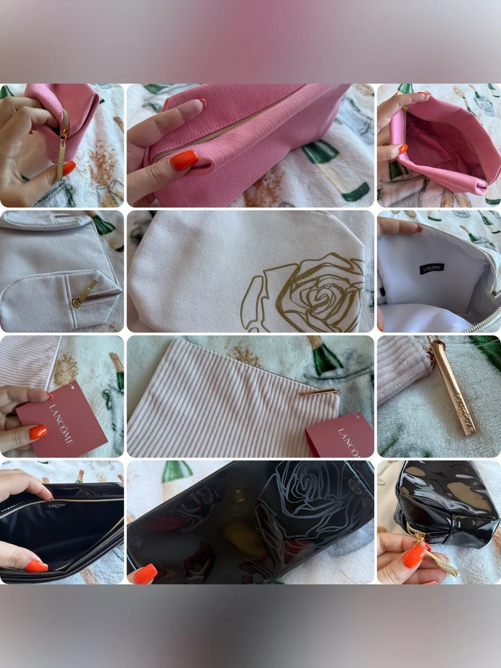Lancôme Lot of 4 Pink White Black Zipper Makeup Bag Pouch Zip Pouches